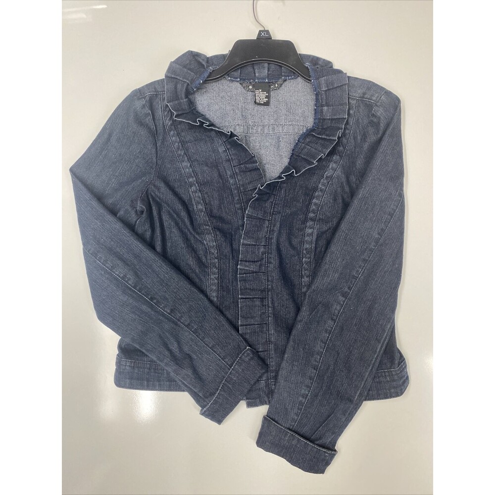 Baccini Denim Jacket Womens Size M Cotton Stretch Ruffled Open Front Dark Wash - Picture 4 of 12